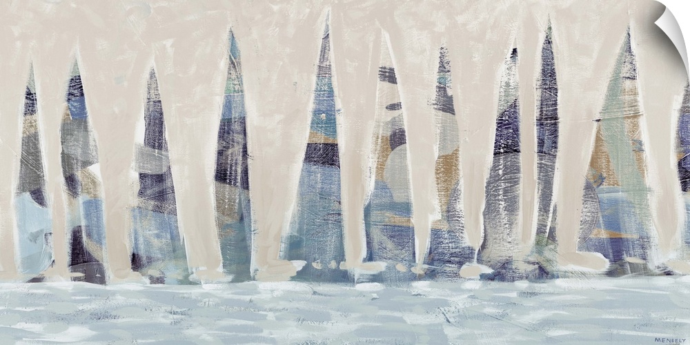 A contemporary painting of a dozen blue muted sailboats on the ocean.
