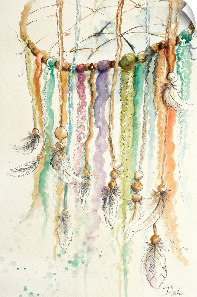Painting of a dream catcher with cords of varying color and feathers tied to the ends.