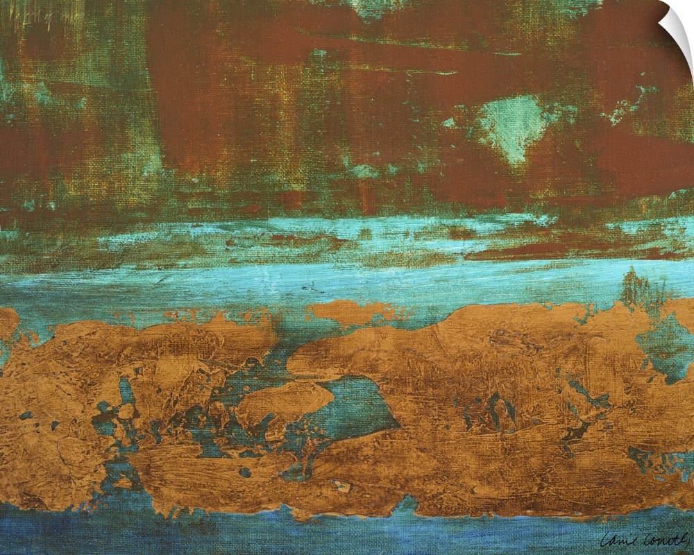 Contemporary abstract artwork in rusty copper shades on bright teal.