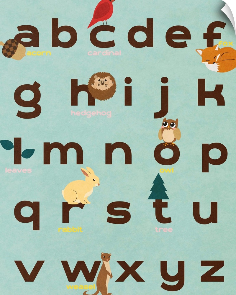 The alphabet illustrated with creatures and objects from the forest.