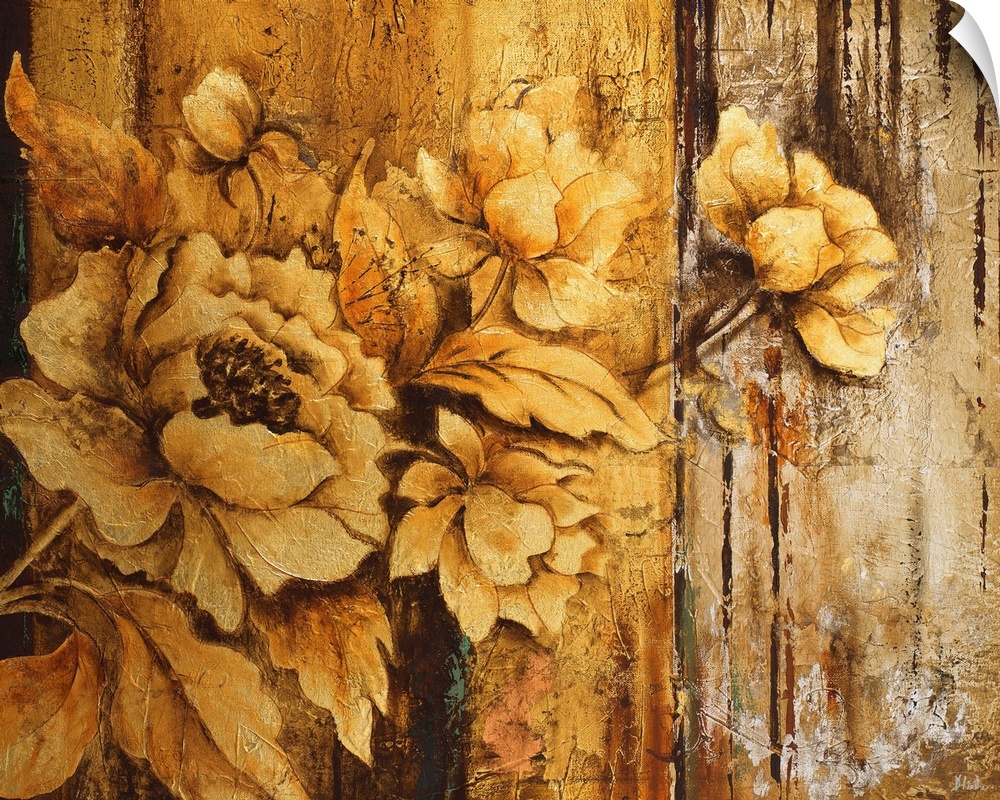Painting of rustic golden flowers against an abstract background in gold.