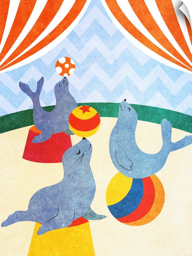 Cute illustration of three performing circus seals.