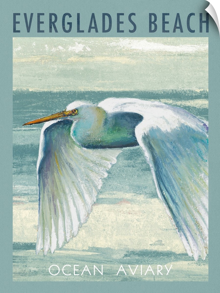 Painting of a white egret in flight, promoting an Ocean Aviary in the Florida Everglades.