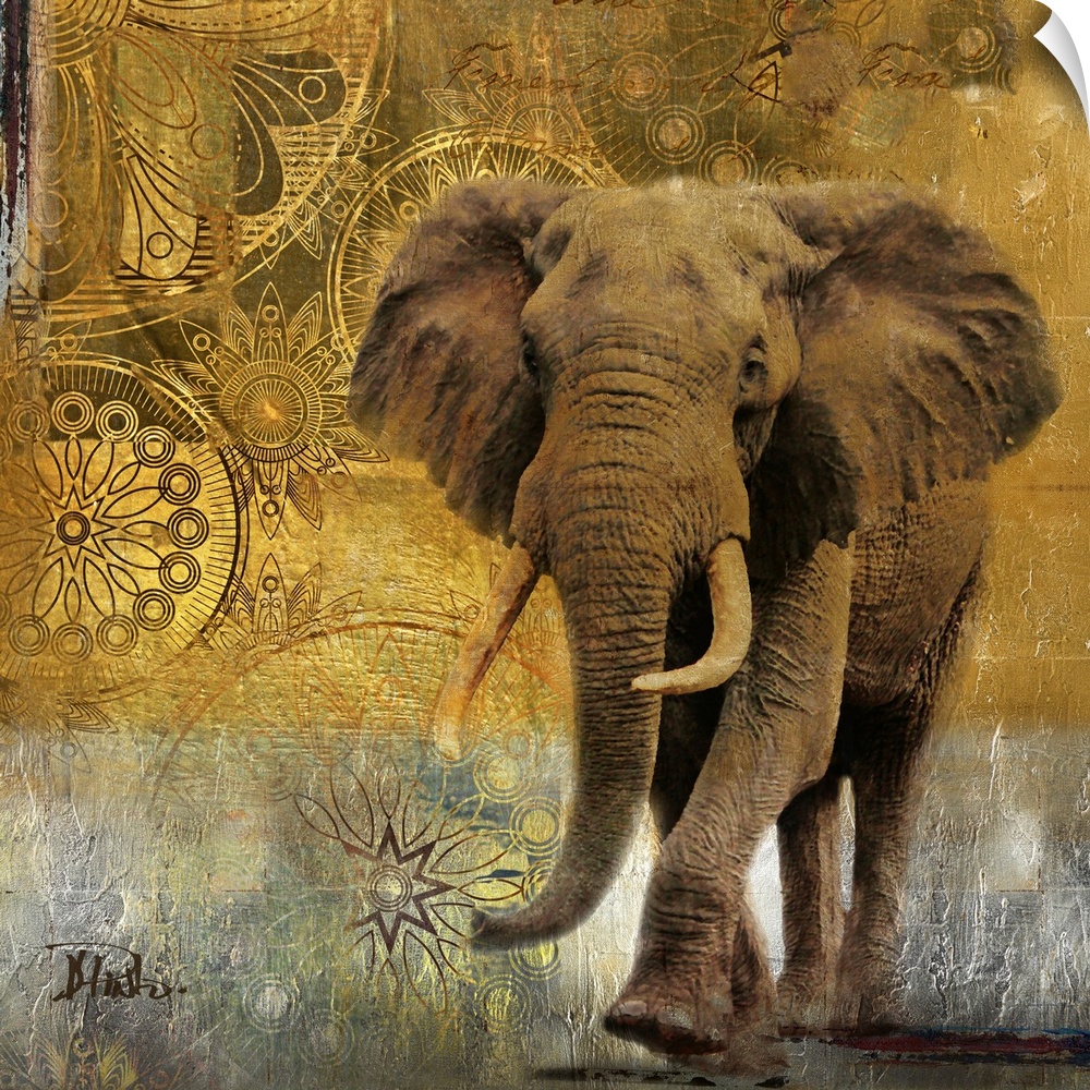 A large elephant walks straight forward with an eclectic design in the background.