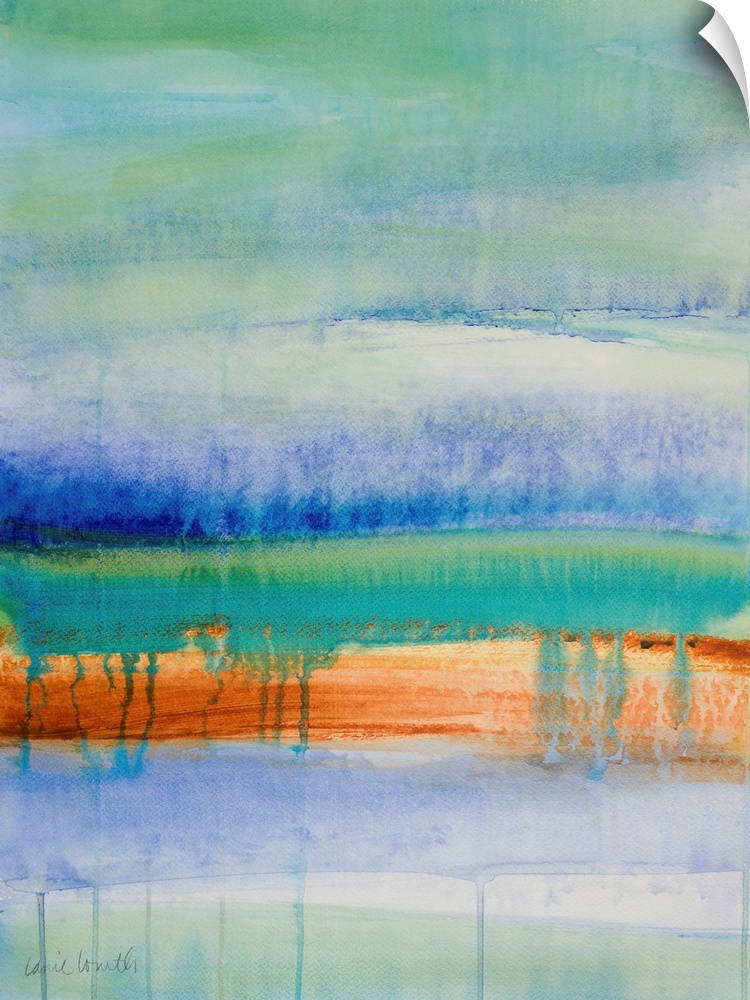 Abstract painting in blue, green, and orange, with dripping paint between the layers.