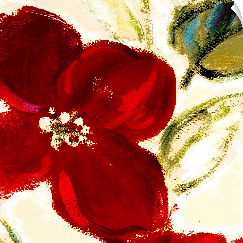 Floral painting of a large blooming red flower with faded brushstrokes of leaves and buds in the background.