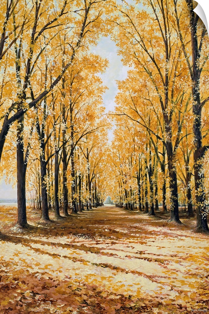 Large print of a path lined with brightly colored fall trees.