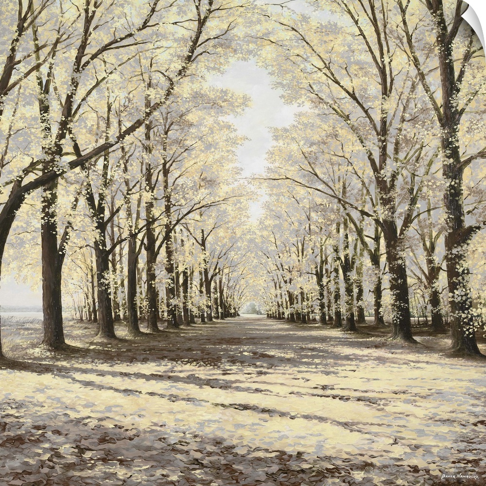 Contemporary painting of a path between two rows of trees in autumn colors.