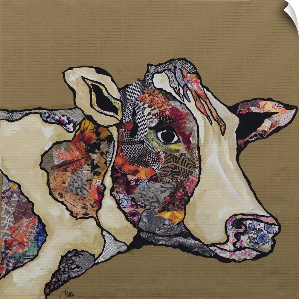Artwork of a cow embellished with collage elements.