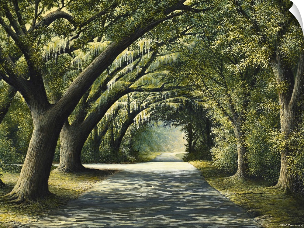 Painting of a shady path through a grove of trees.
