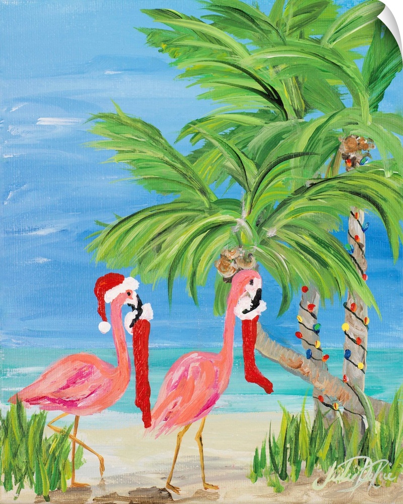 Fun tropical Christmas themed painting of two pink flamingos carrying stockings in their beaks to a palm tree decorated wi...