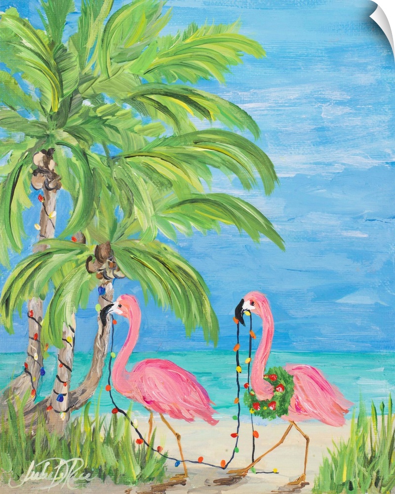 Fun tropical Christmas themed painting of two pink flamingos on a beach stringing palm trees with Christmas lights using t...