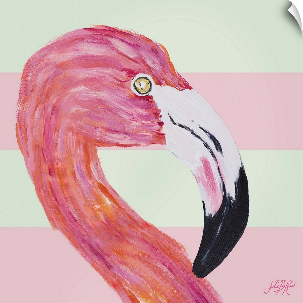 A painting of a pink flamingo with a pale pink and cream striped background.