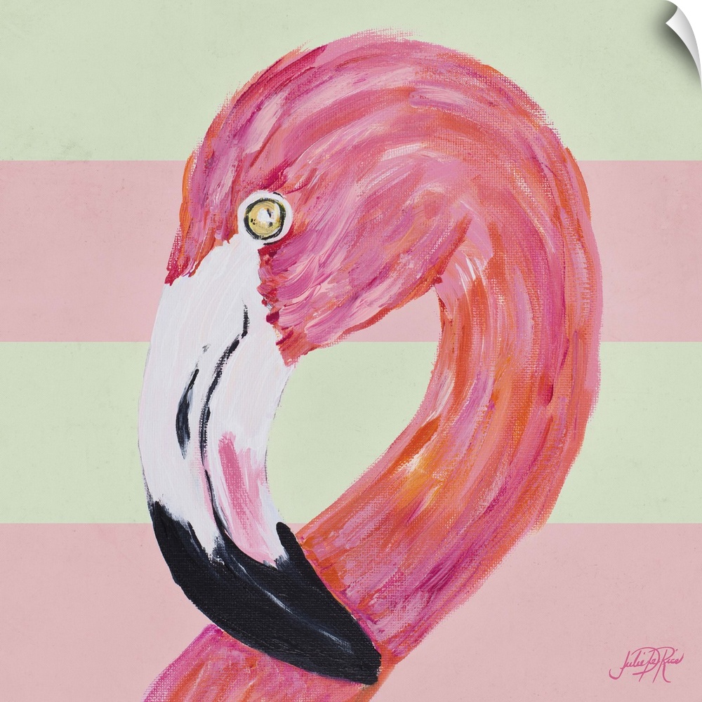 A painting of a pink flamingo with a pale pink and cream striped background.