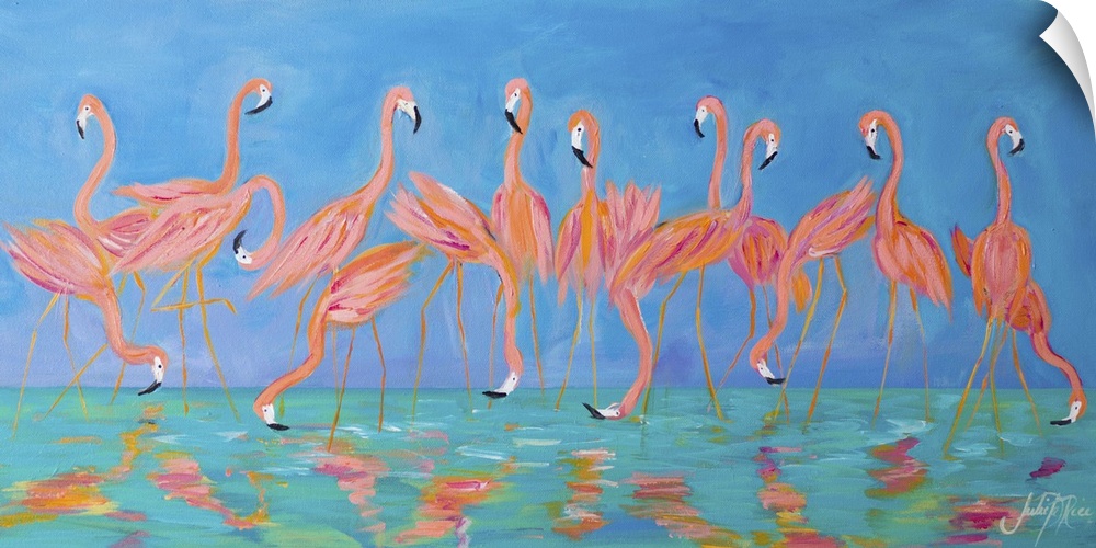 Contemporary painting of a flock of flamingos standing in shallow water.