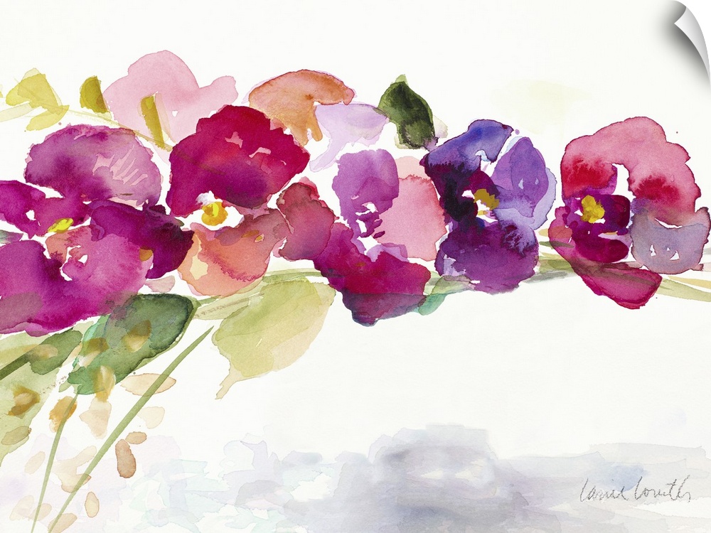 Contemporary watercolor painting of pink and purple flowers with green stems and leaves.
