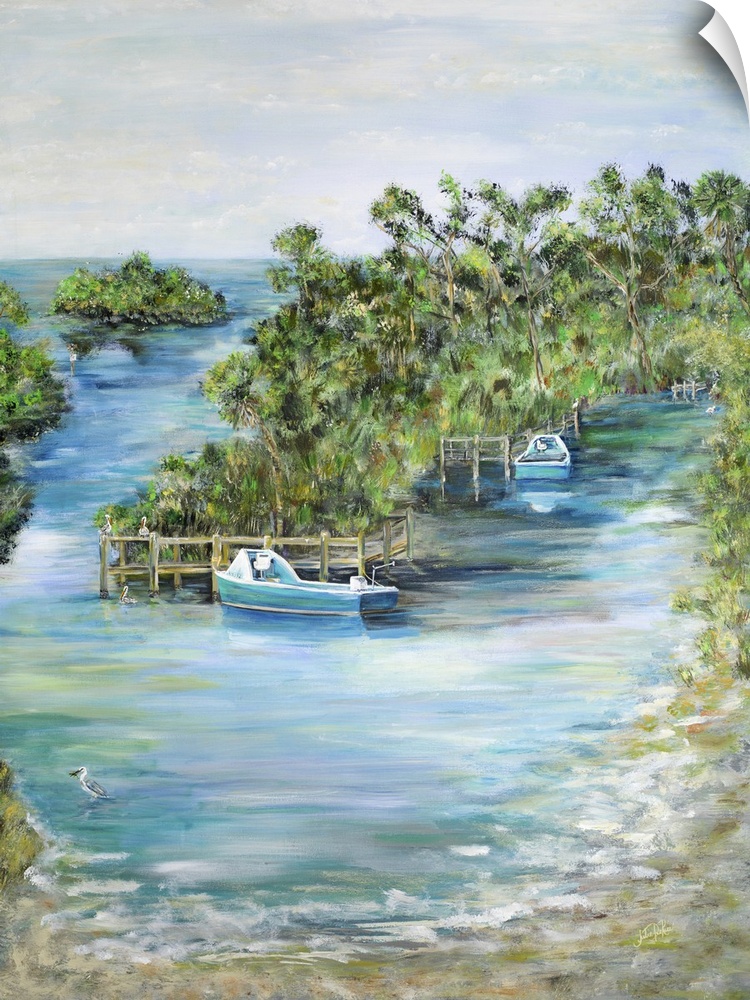 Contemporary seascape artwork of boats docked at a tropical island.