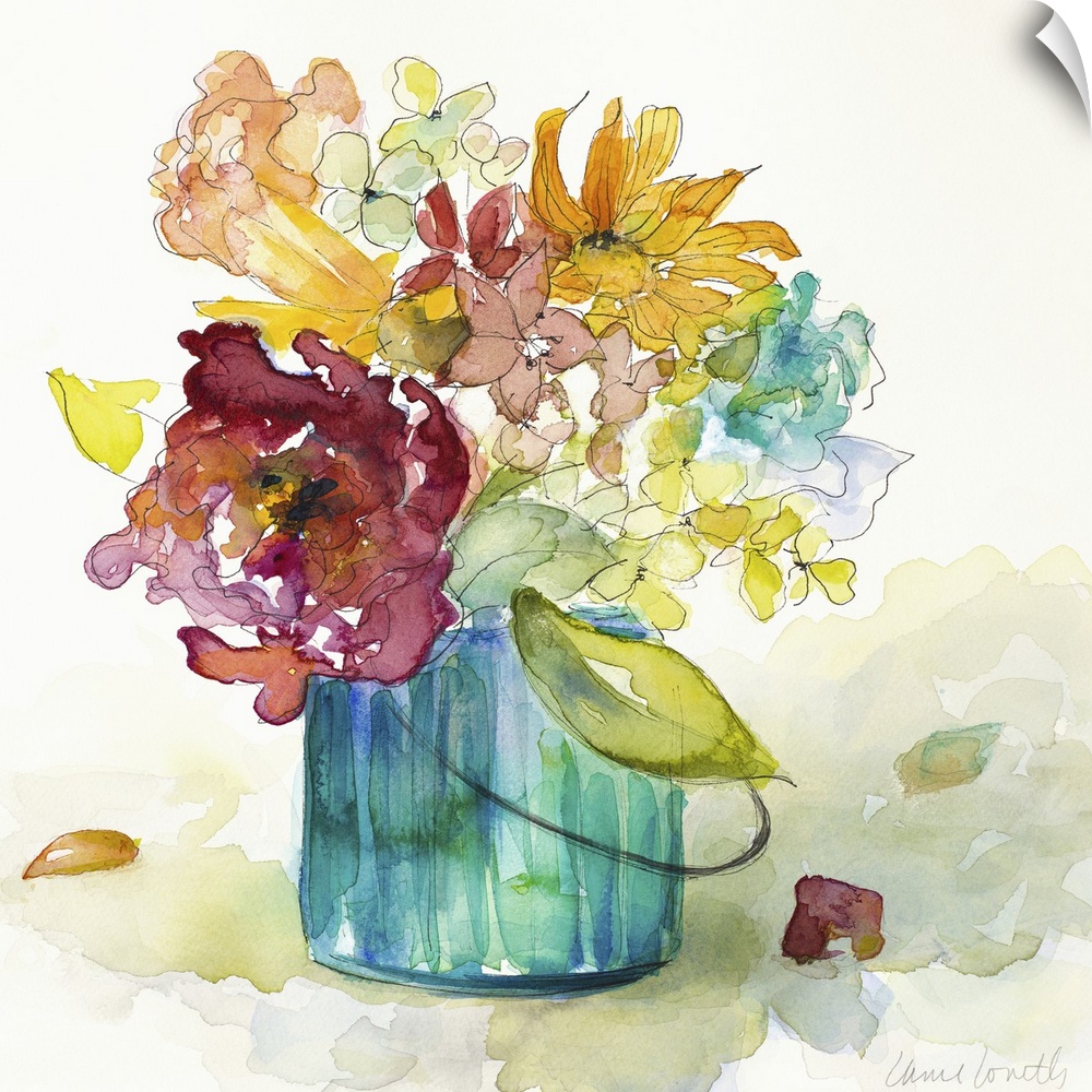 Square watercolor painting of arranged wildflowers in a blue-green vase.
