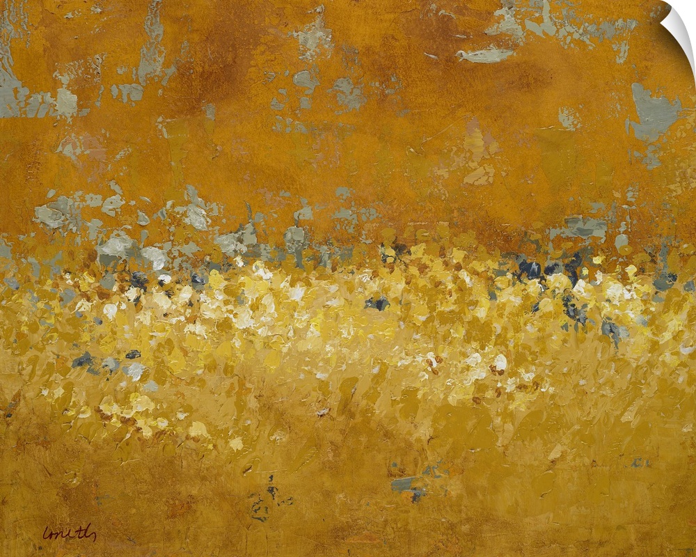 Abstract painting done in golden tones, creating a semblance of a field of wildflowers at sunset.