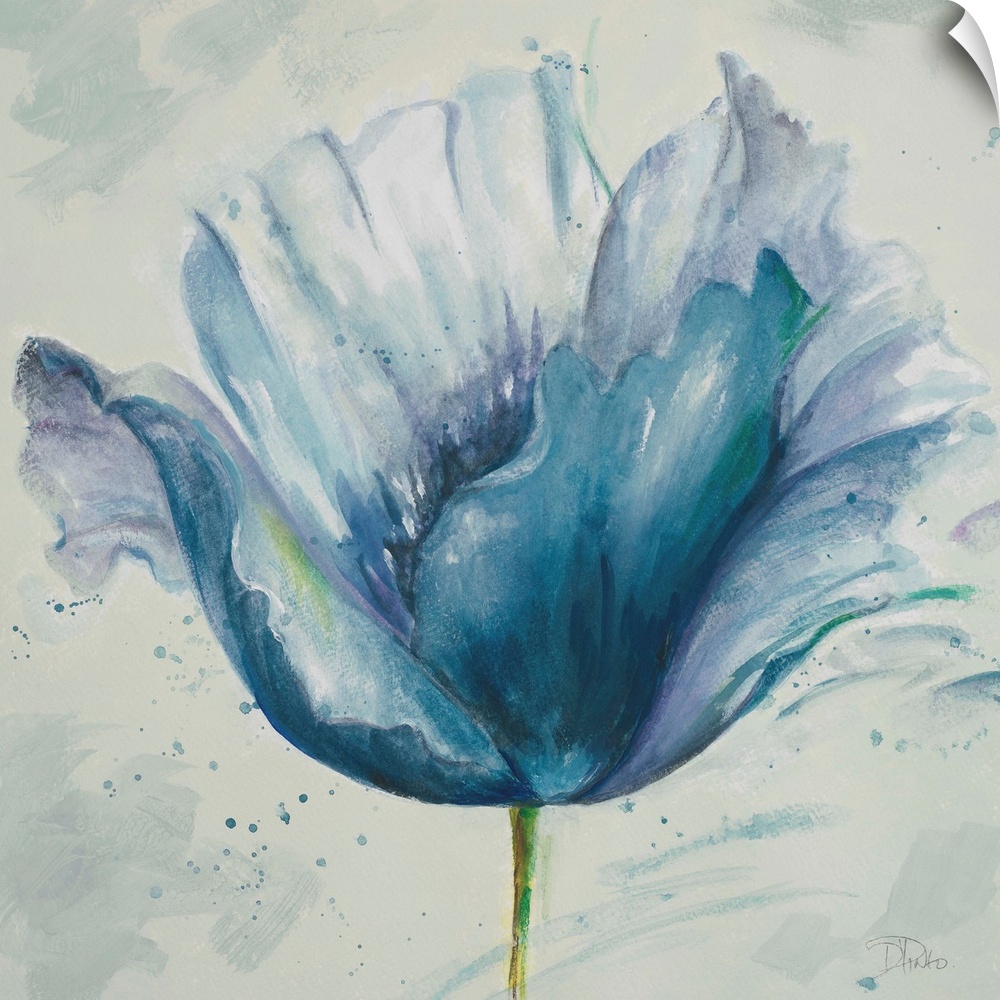 Contemporary watercolor painting of a blue flower with a thin green stem.