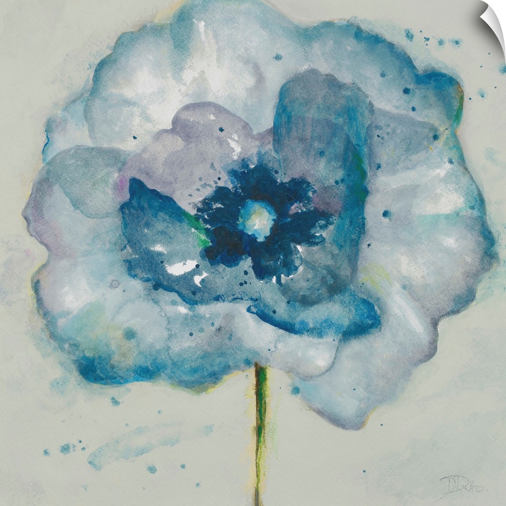 Contemporary watercolor painting of a blue flower with a thin green stem.