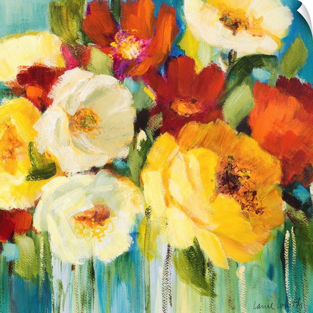 Contemporary painting of a bouquet of vibrant colored flowers.