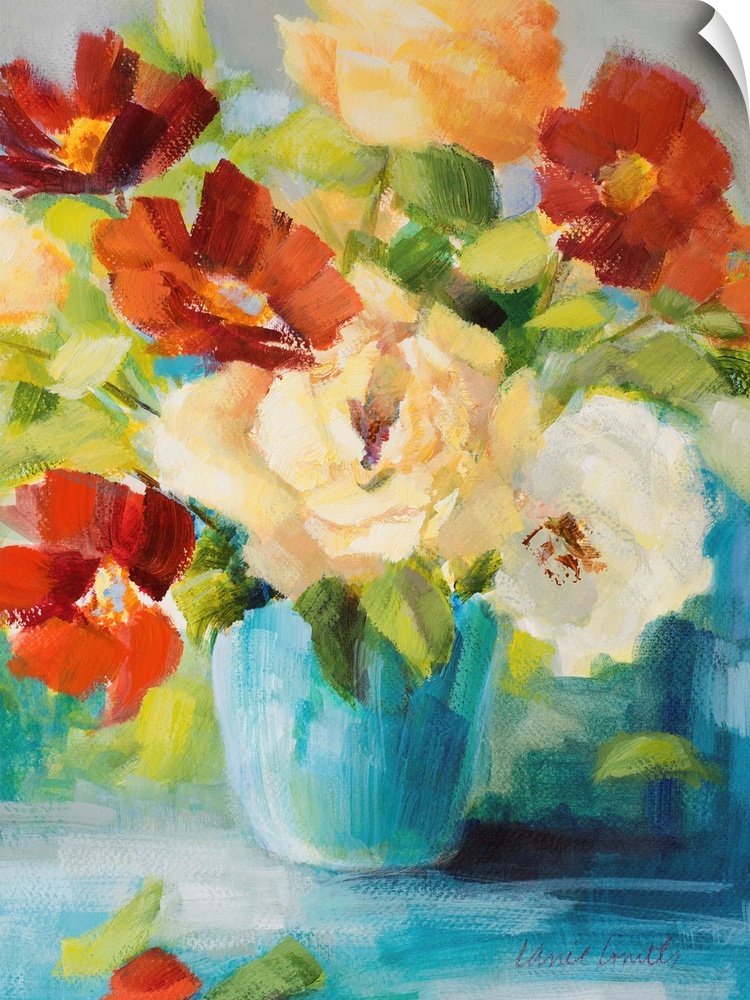 Contemporary painting of a blue vase holding a bouquet of vibrant colored flowers.