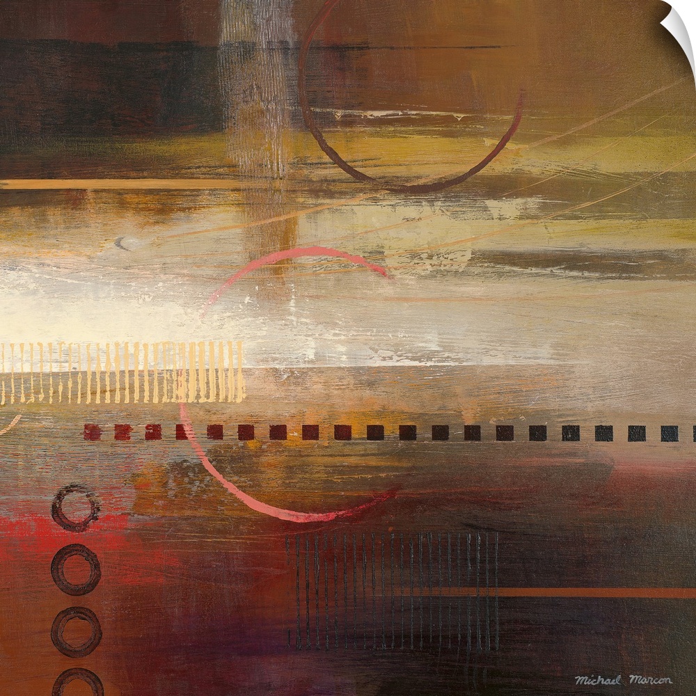 Contemporary abstract painting of earth toned horizontal bands overlain with stenciled geometric shapes.