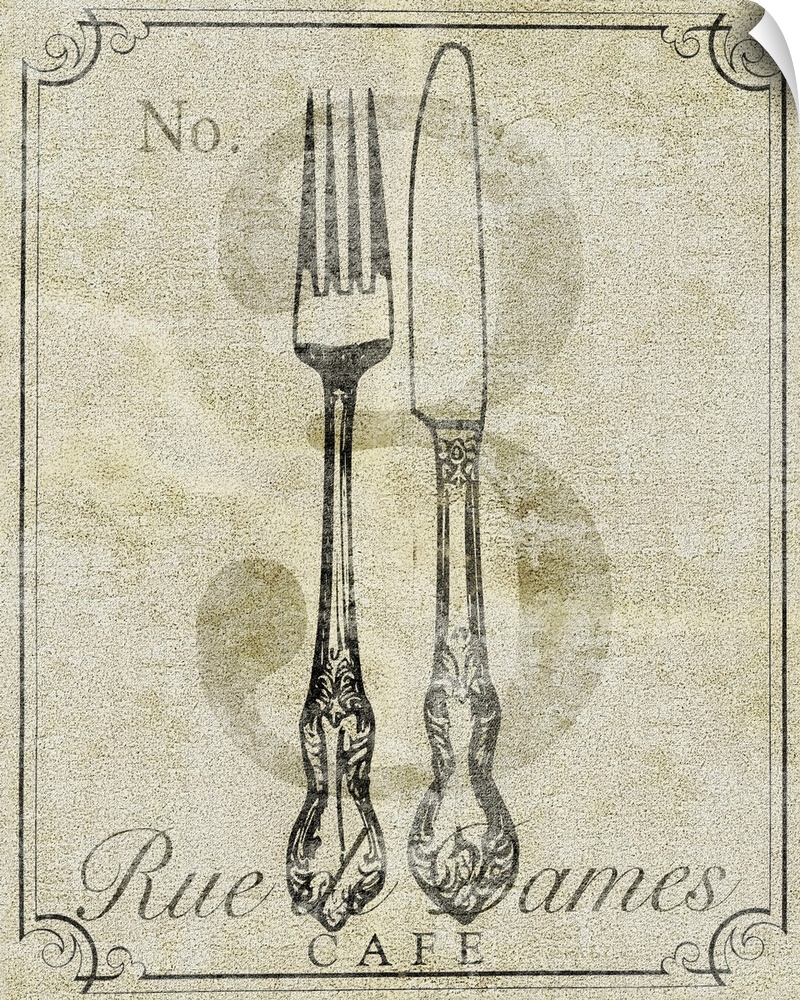 Vintage illustration of a fork and knife with a printed number 3 on a neutral, textured background.