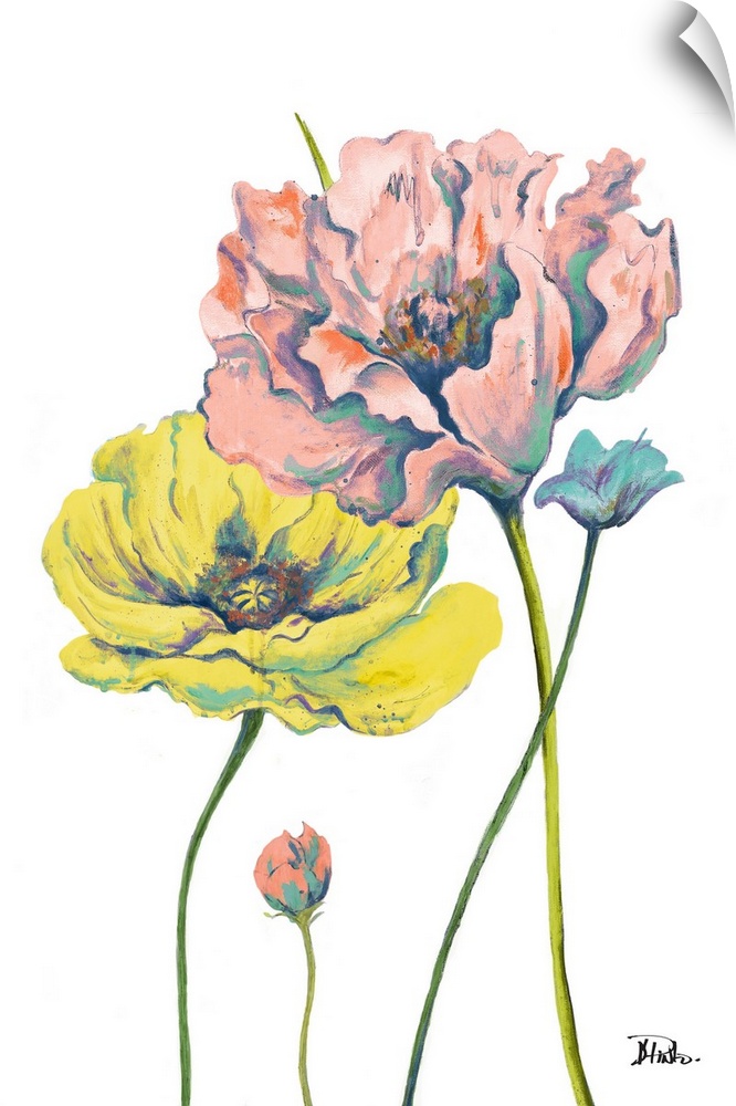 Brightly colored painting of two large blooming poppies and two small buds.