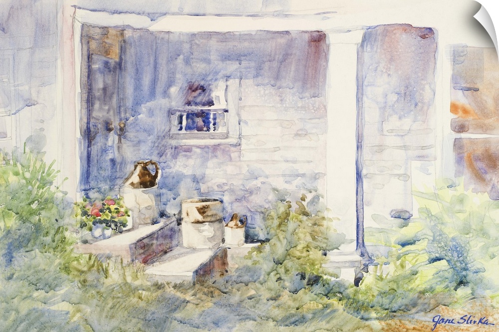 Watercolor painting of the front porch of a white house covered in plants.