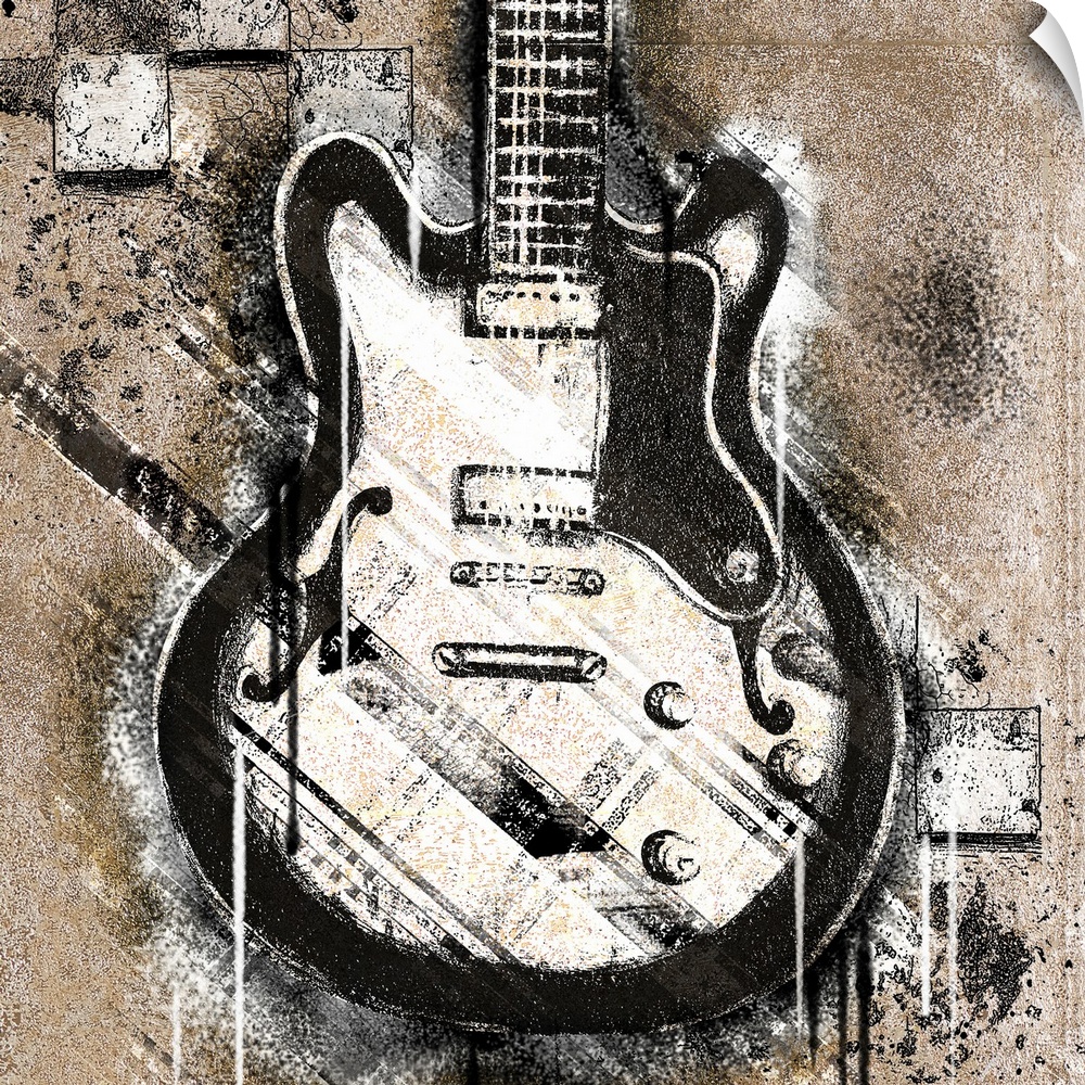 Artwork of a black and white guitar that appears to be spray painted on a neutral colored wall with some of the paint drip...