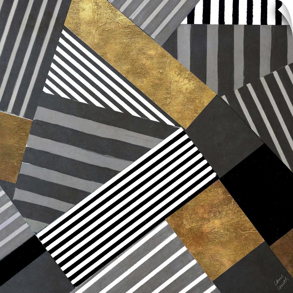 Square abstract painting that has black, white, and gray striped in sections moving in all different directions with recta...
