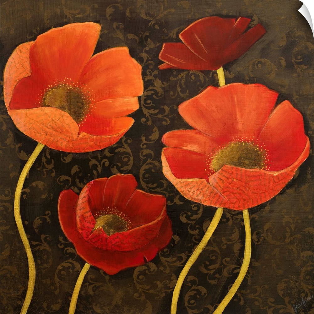 Painting of four orange and red poppies with golden stems.