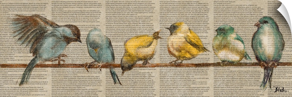 Contemporary artwork of colorful birds perched on a wire against a newsprint background.