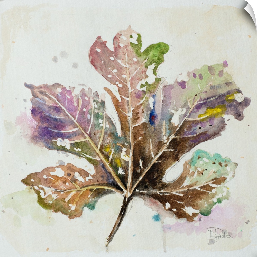 Square painting of a fallen autumn leaf, in brown shades on a neutral background.