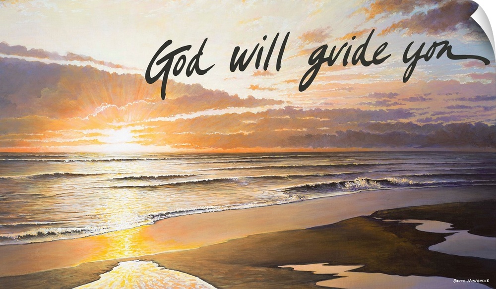 Painting of a beach with the sun setting on the waves, with a religious sentiment.