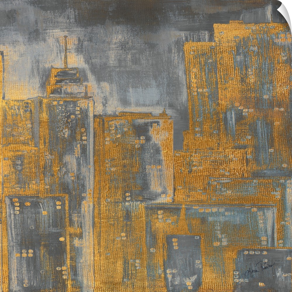 Skyscrapers in a city painted in gold over dark grey.