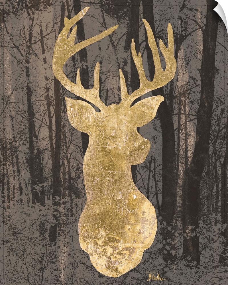 Metallic gold silhouette of a deer on a dark background filled with trees.