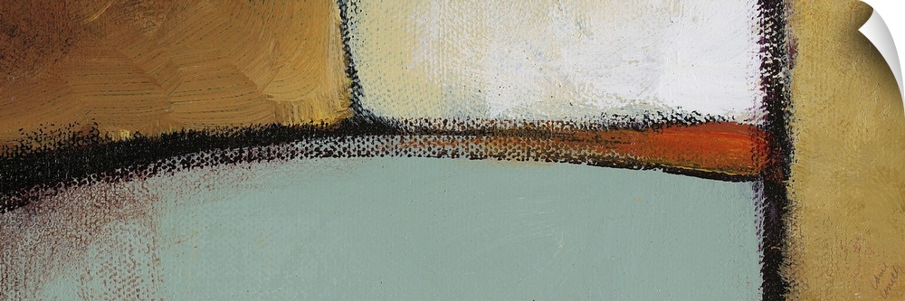 Horizontal abstract painting in earth tones featuring deliberate brushstrokes and strong black lines.