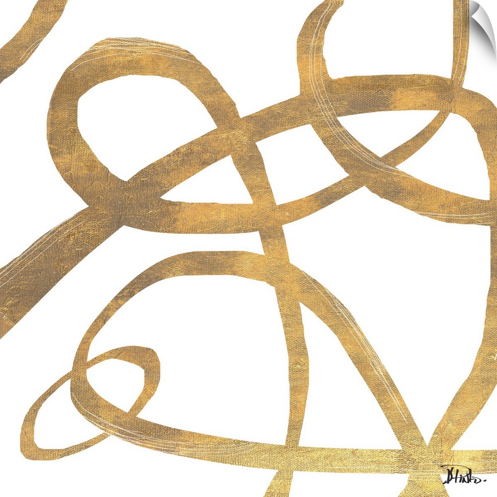Contemporary abstract artwork of gold swirling lines in circling movements against a white background.