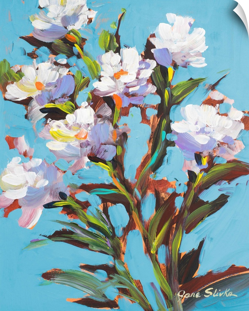 Contemporary painting of several white flowers in bloom.