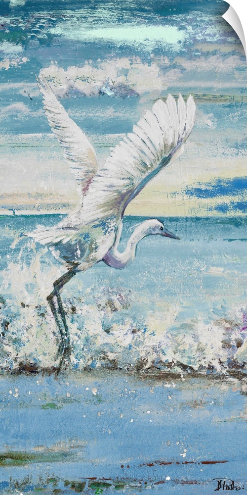 Contemporary painting of a white egret taking flight from the water.