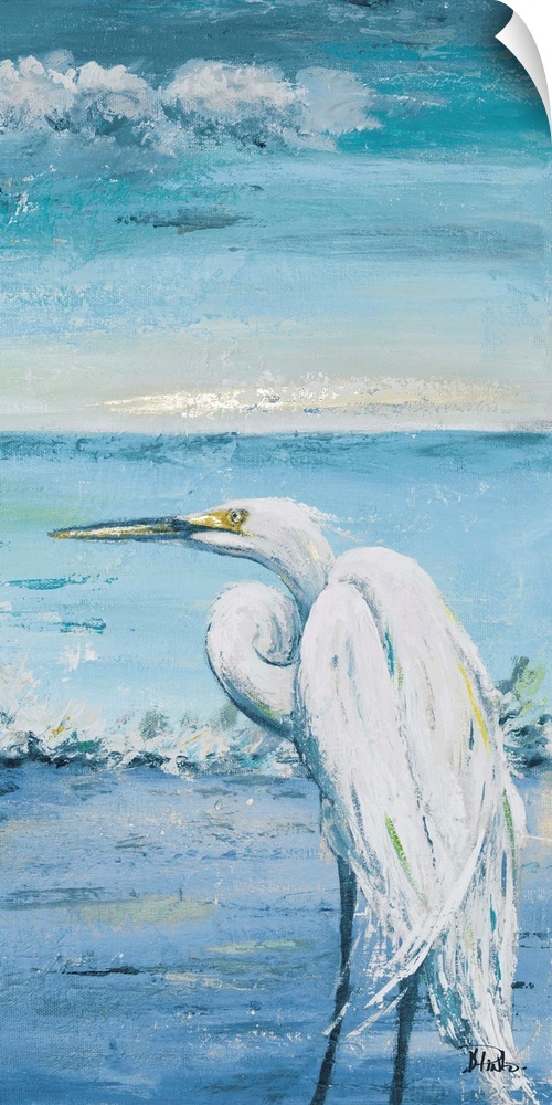 Contemporary painting of a white egret overlooking the blue water.