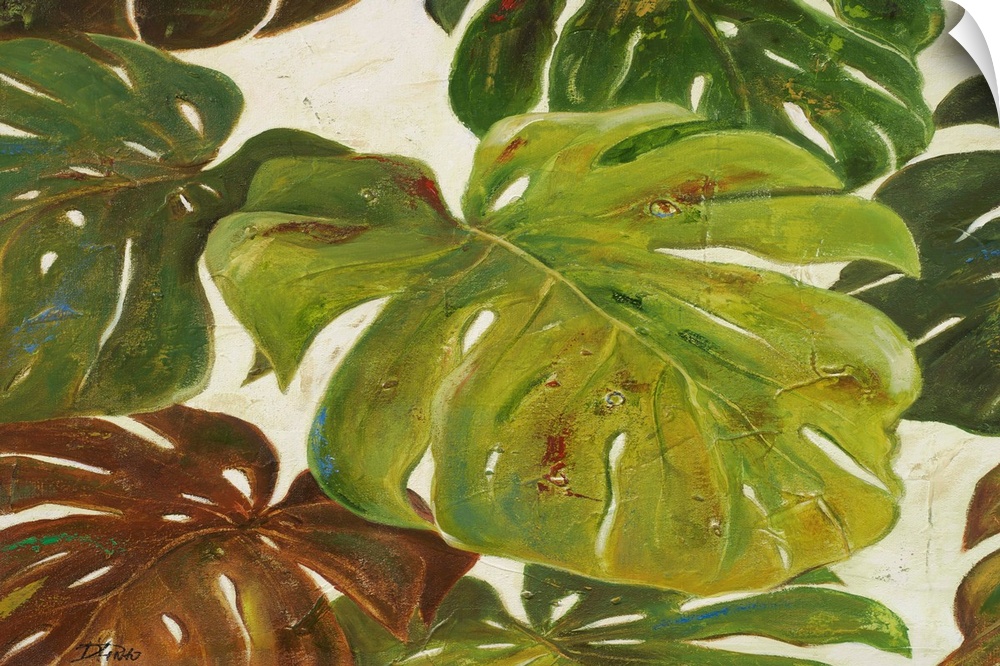 Contemporary painting of big lush tropical green leaves.