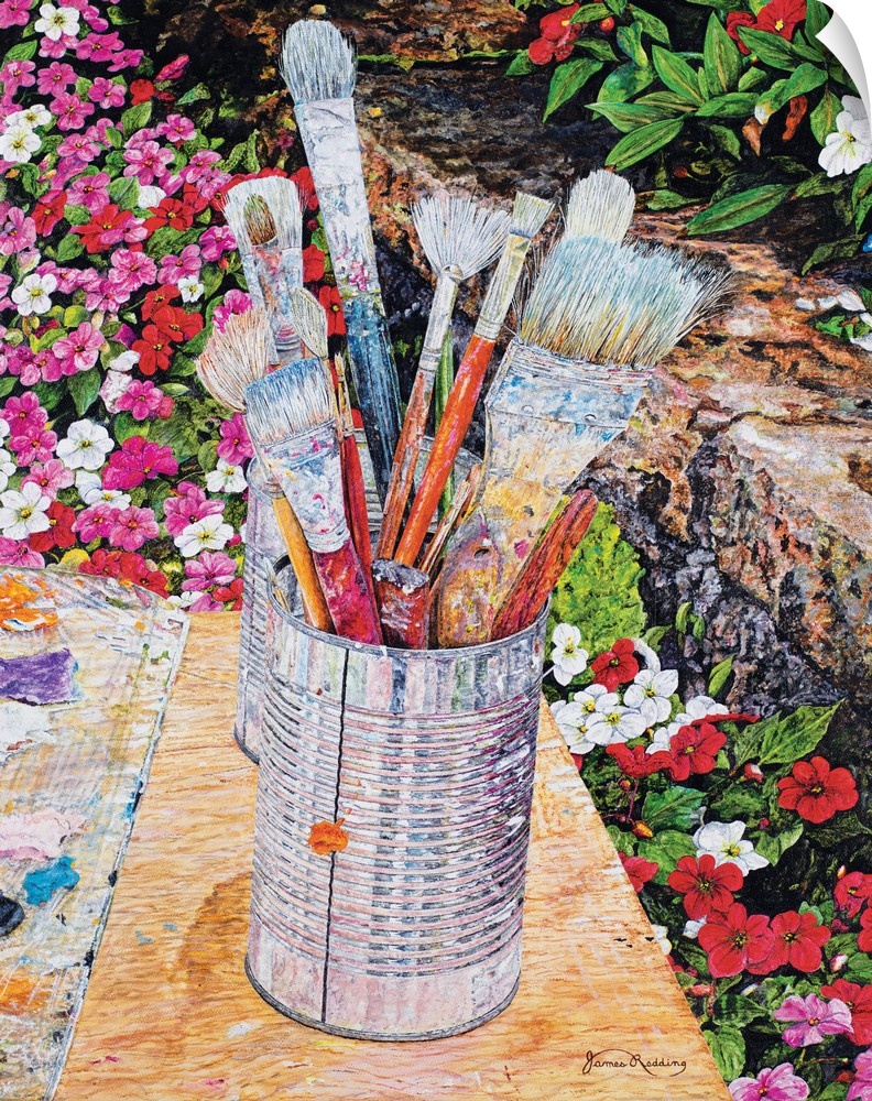 A painting of a can full of used paint brushes set in an outdoor scene surrounded by flowers.