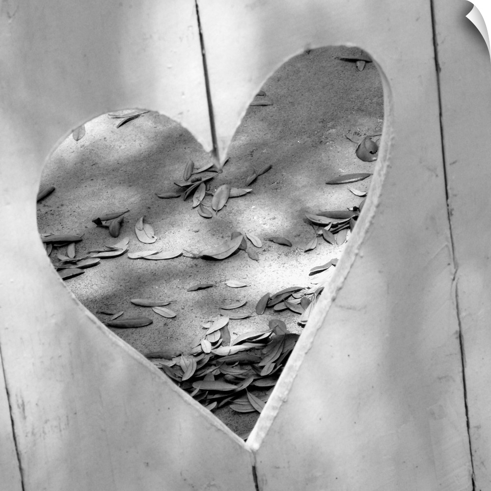 Photograph of a heart-shaped hole in a wooden fence.