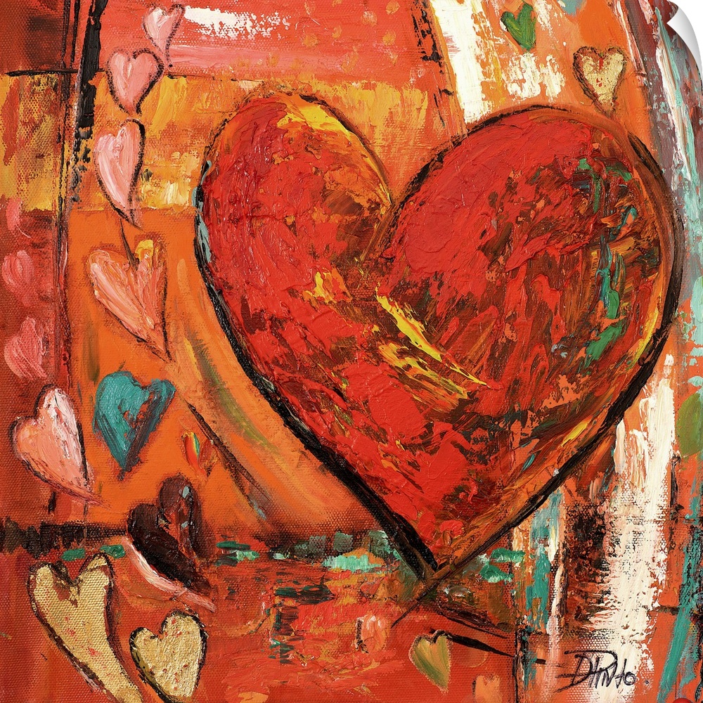 Painting of a large red heart with several smaller hearts around it.