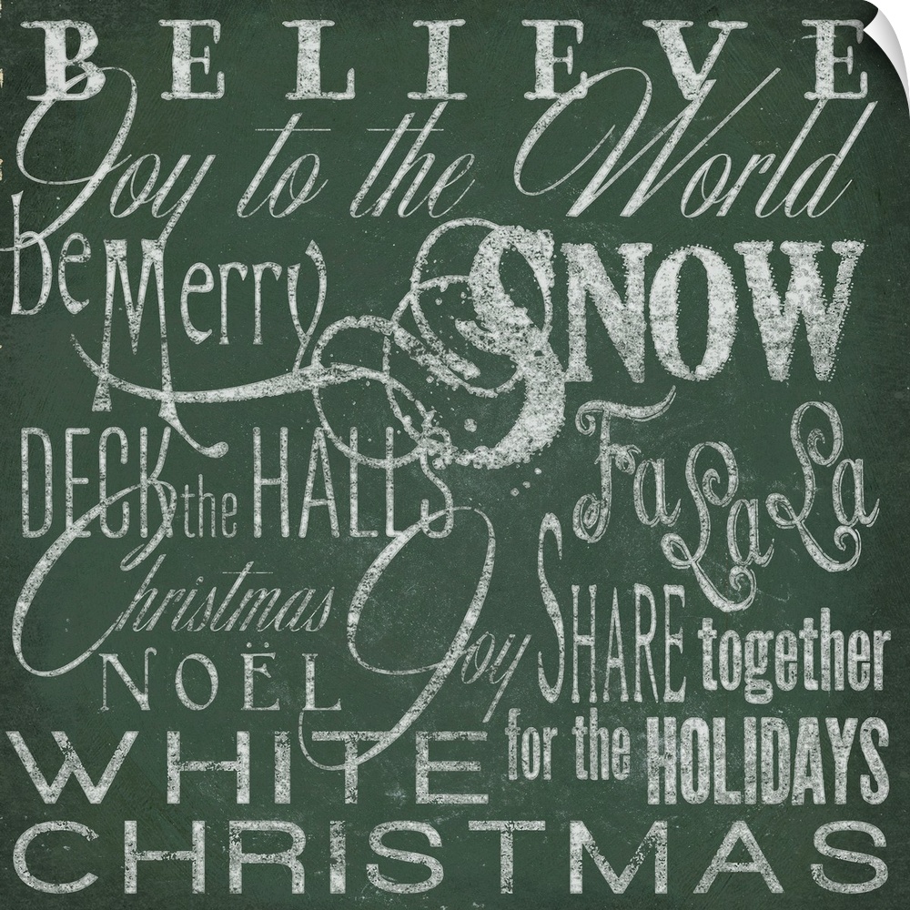 Typography panel of Christmas-themed text, including carol lyrics and festive themes such as "Joy to the World" and "White...