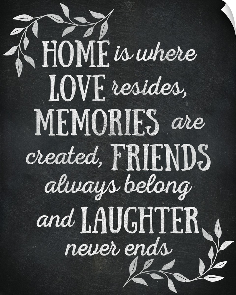 Chalkboard sign that reads "Home is where Love resides, Memories are created, Friends always belong and Laughter never ends"